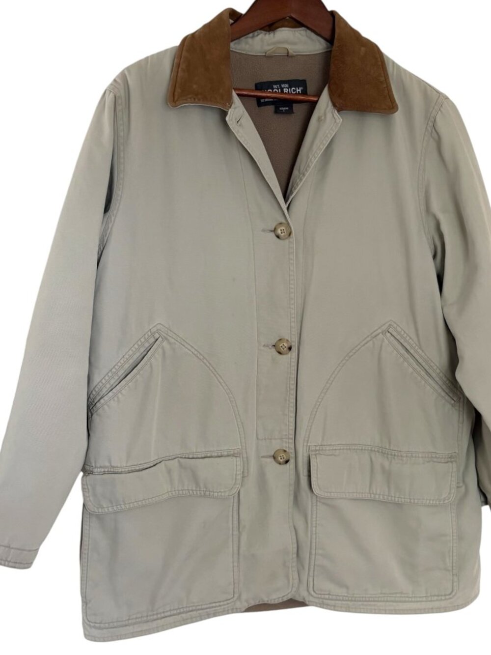 Vintage 90s Y2K Woolrich Barn Chore Coat Large L Tan Fleece Lined Canvas Jacket